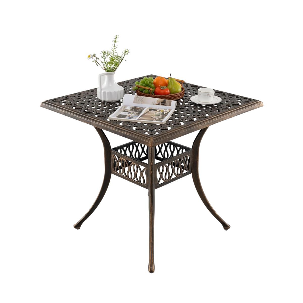 Coast quadratischer Terrassentisch – Aluminiumguss – Sonnenschirmloch 4,8 cm – Bronze – 80 x 80 x 75 cm