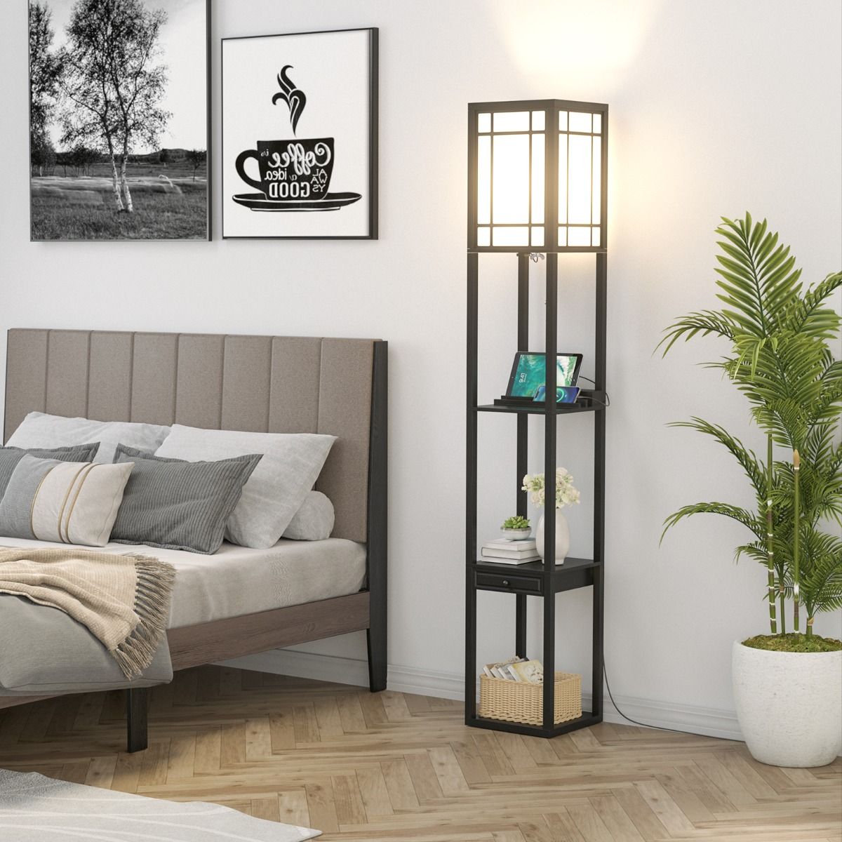 Stehleuchte Coastal mit 3 offenen Fächern - 2 USB-Anschlüsse - 26 x 26 x 161 cm - Schwarz