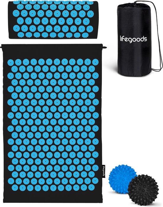 LifeGoods Akupressurmatte mit Kissen - Shakti Matte - Nagelmatte inkl. 2x Triggerpunkt Ball - 66x40x2cm - Schwarz/Türkis