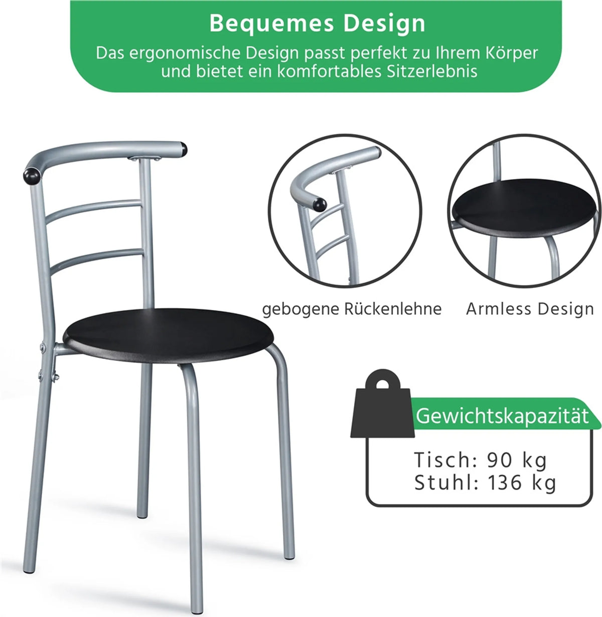Yaheetech Dining Set von 3 - Features Tisch mit 2 Stühlen und verstellbare Lagerung Regal und wasserabweisende Beschichtung - für Küche und Esszimmer - Schwarz Metall und MDF - 80 x 53 x 73,5 cm