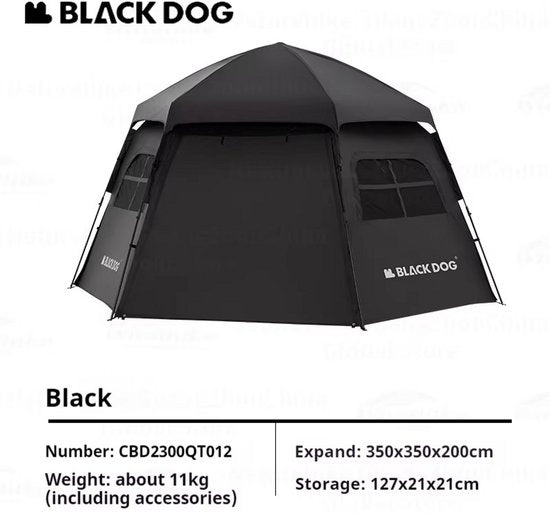 Black Dog Dome-Zelt – Hochwertiges Campingzelt für 6–8 Personen – Sechseckig, automatisch aufstellbar – Tragbares Familienzelt – Zusammenklappbares Vinyl – Schutz vor Sonne und Regen – Schwarz