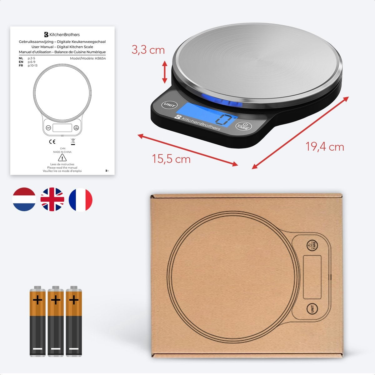 KitchenBrothers Küchenwaage - Waage Küche Digital - 1 g bis 6 kg - Tara Funktion - Batterien enthalten - Edelstahl/Schwarz