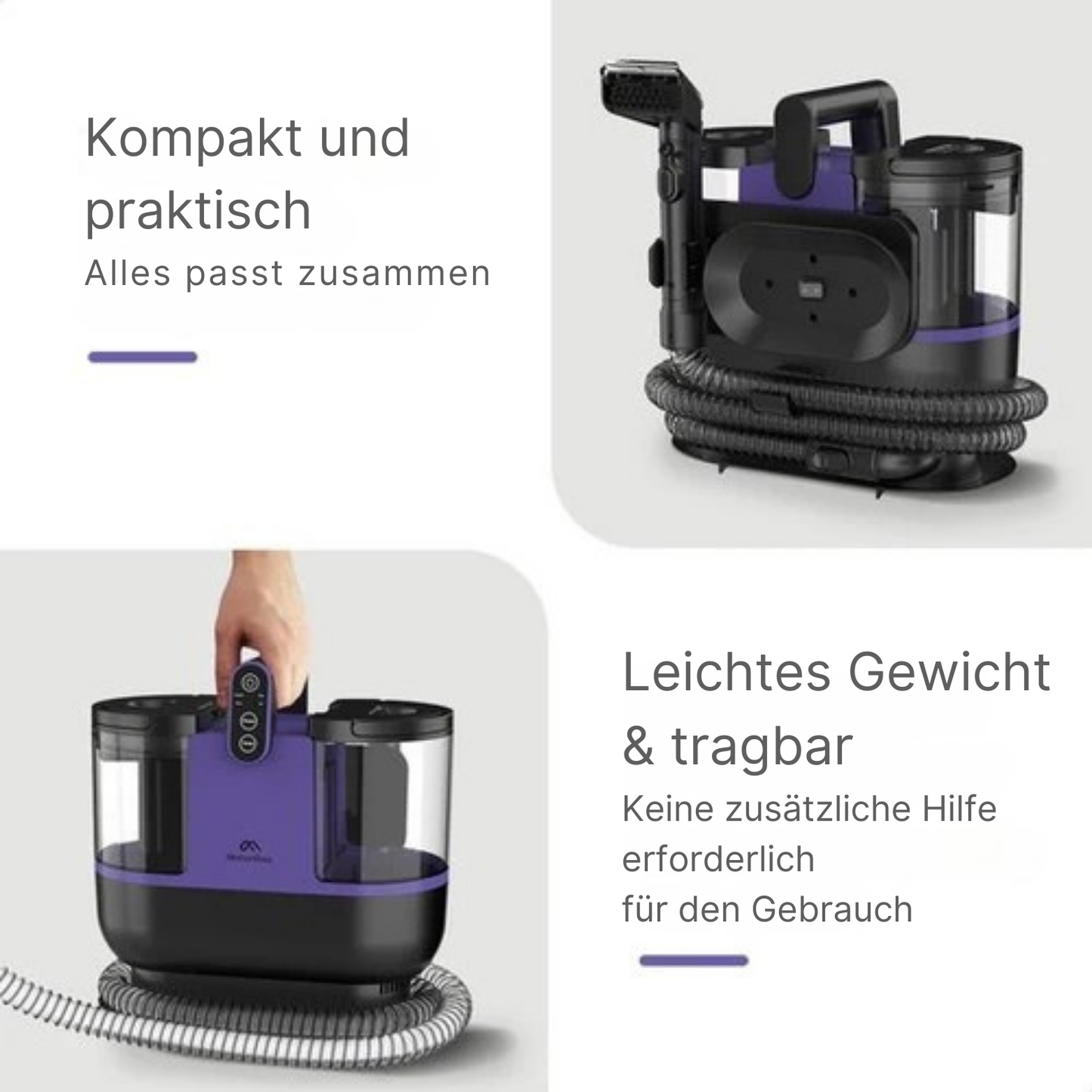 Motionflow Teppichreiniger - Turbo- & Heizfunktion - 1200 W - Schlauchlänge 1,7 Meter - inkl. Reinigungsmittel - Lila