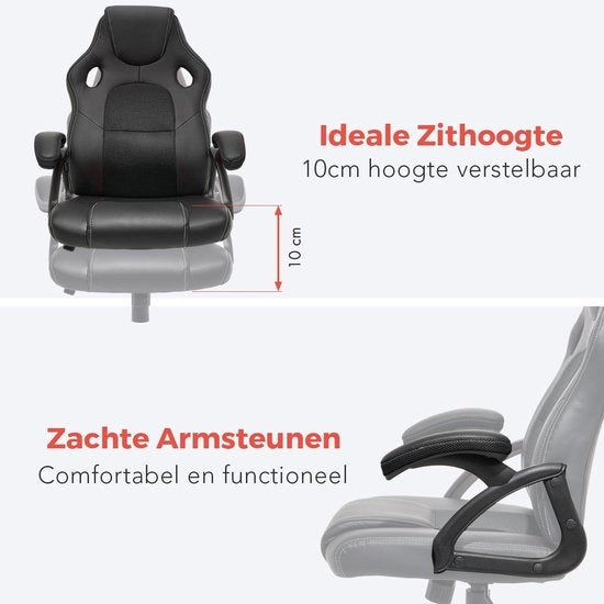 LifeGoods Gaming Stuhl - Einstellbar - Gaming Stuhl - Kunstleder - Schwarz