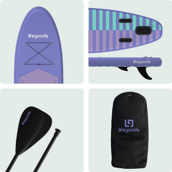 LifeGoods SUP Board All-round Compact - mit Sitz - 100 KG Tragfähigkeit - 300 x 76 cm - Aufblasbar - Komplettes SUP Paket - Lila