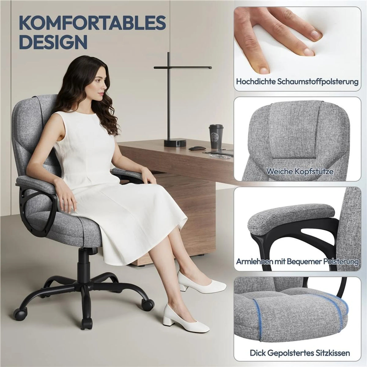 Ergonomischer Bürostuhl mit Armlehnen, um 360° drehbar, höhenverstellbar und mit Wippfunktion, grau
