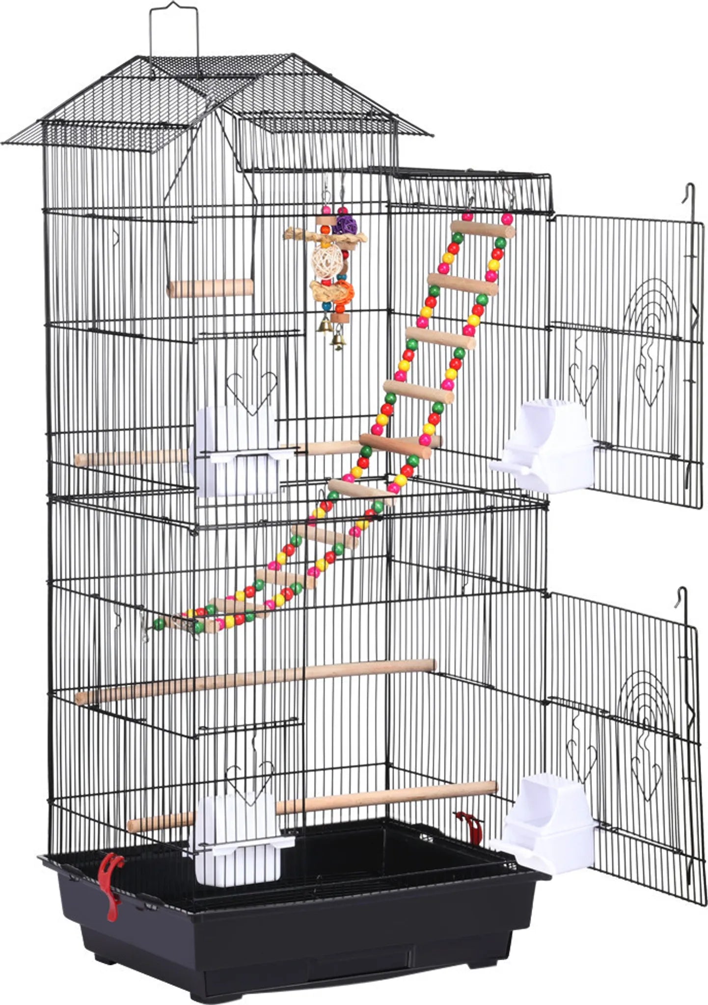 Yaheetech Vogelkäfig mit Spielplatz - 46 x 35,5 x 99 cm - Mit abnehmbarer Bodenplatte und Drahtschlössern und komplettem Zubehörset - Für Sittiche und Kanarienvögel - Schwarzes Metall und Holz