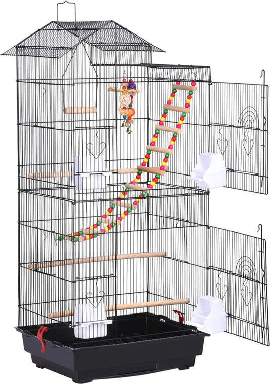 Yaheetech Vogelkäfig mit Spielplatz - 46 x 35,5 x 99 cm - Mit abnehmbarer Bodenplatte und Drahtschlössern und komplettem Zubehörset - Für Sittiche und Kanarienvögel - Schwarzes Metall und Holz
