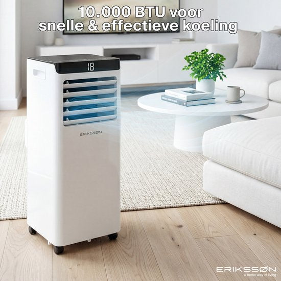 Erikssøn Mobile Klimaanlage – 10.000 BTU – inkl. Fensterdichtungsset – bis zu 30 m² – 4-in-1 – Klimaanlage – Ventilator – Luftentfeuchter – Weiß