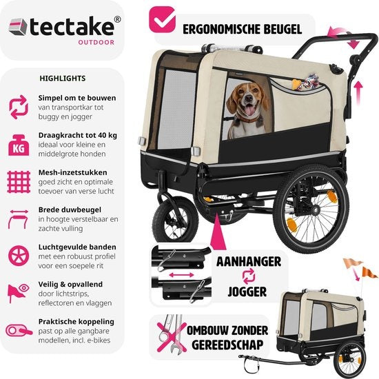 tectake - Dog WoofRider Fahrradanhänger - beige - zusammenklappbar, bis zu 40 kg - Hundebuggy Hundekinderwagen - 404945