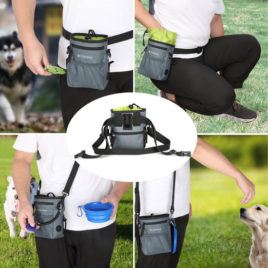 Tikkens Belohnungstasche für Hunde – Mit Clicker und zusammenklappbarem Fressnapf – Wasserdicht und waschbar – 25 x 15 x 3 cm – Grau