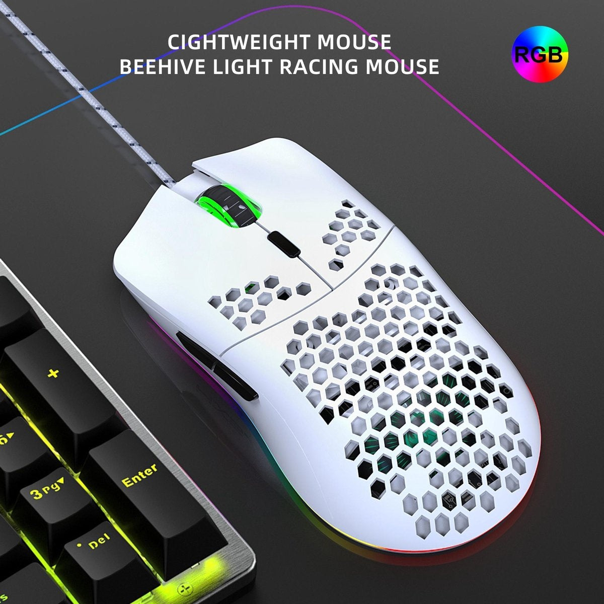 HxSJ - Gaming-Maus J900 - Ultraleicht - RGB-Beleuchtung - 6400DPI - Weiß