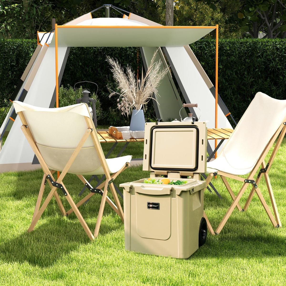 Coast Tragbare Kühlbox auf Rädern 43L - Kaffee - 53x49x53-108 cm - Isothermisch mit Aluminium-Ziehgriff und Flaschenöffner