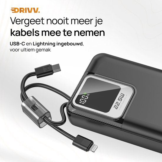 Drivv. Powerbank 20.000 mAh – Mit integriertem 8-Pin- und USB-C-Kabel – Inklusive 60-W-Ladekabel – 22,5-W-Schnellladefunktion – USB / USB-C – Notfallpaket