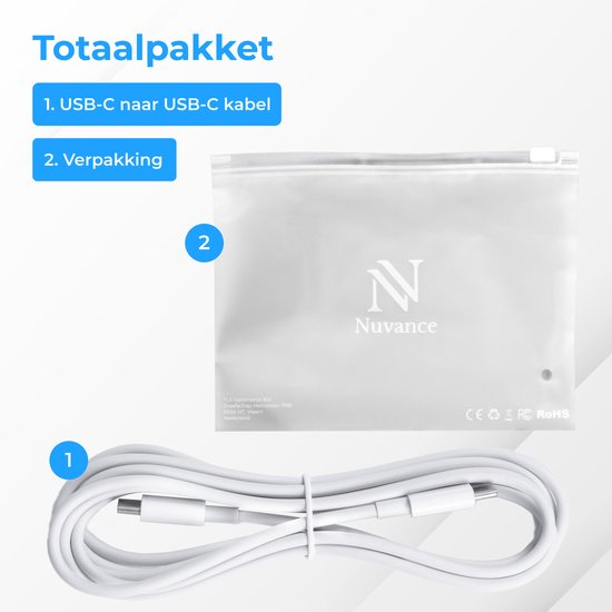 Nuvance - Usb C zu Usb C Kabel - 2 Meter - Usb-C Kabel - Schnellladegerät - 480Mb/ps Daten - Usb C Ladegerät - 60W - Weiß