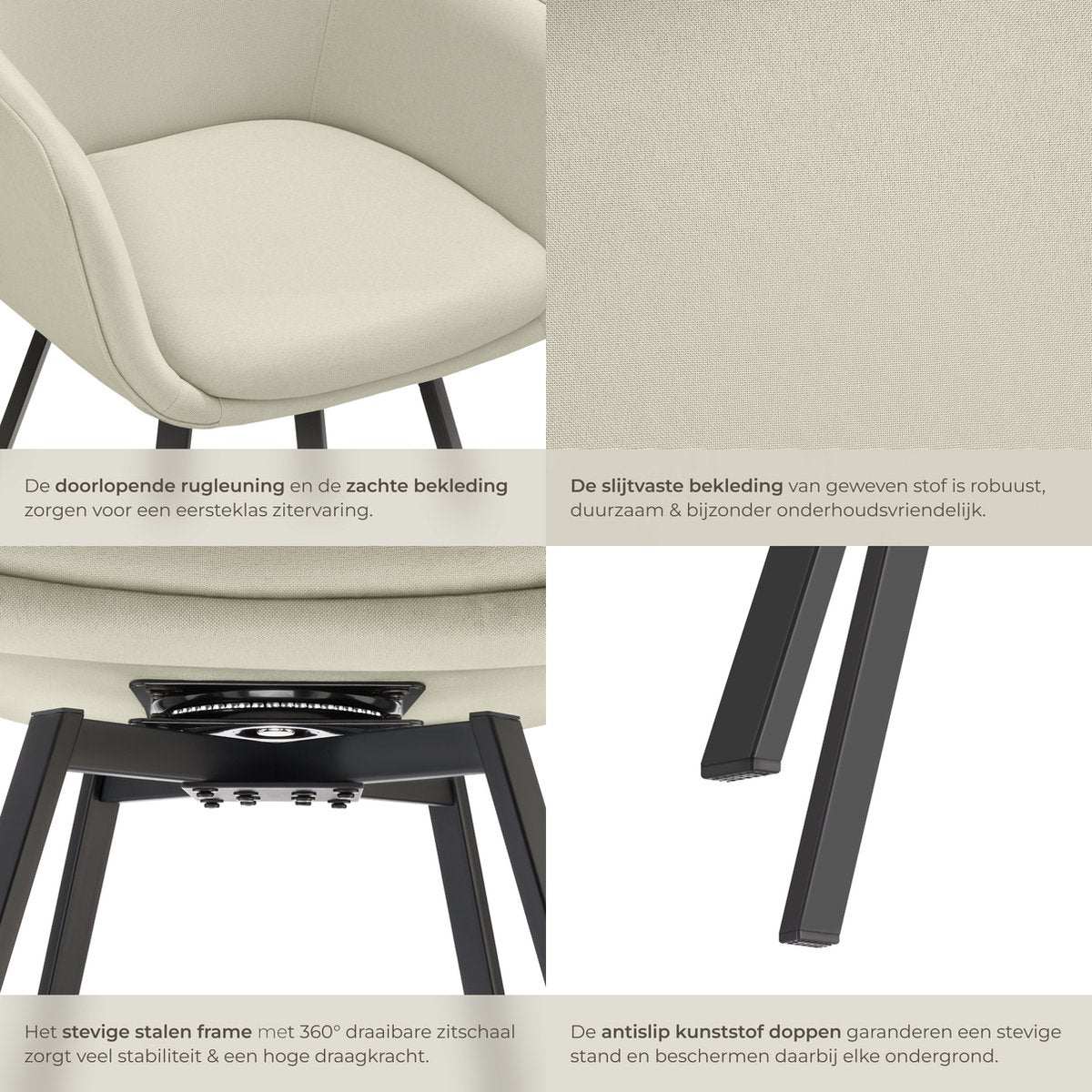 tectake® Esszimmer-Drehstuhl Alicon 57x59x88 cm - 2er-Set - Beige - Stilvolles und bequemes Design für Esszimmer, Wohnzimmer oder Büro