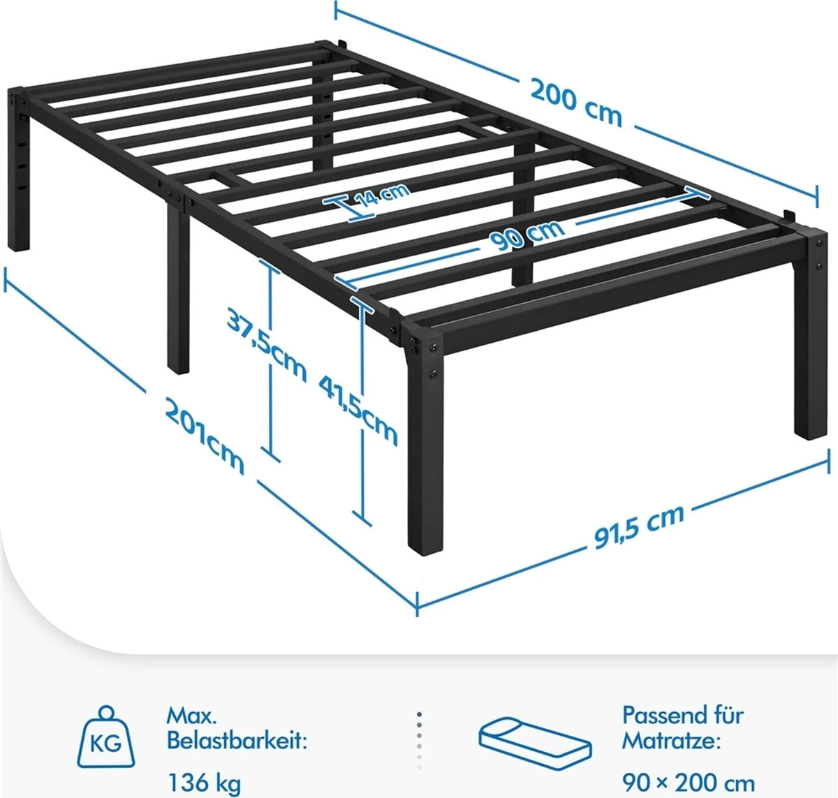 Metallbettgestell 90 × 200 cm mit Lattenrost und 37,5 cm Stauraum, schwarz