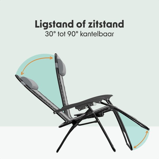 LifeGoods Liegestühle Komfort - klappbar - 30°-90° verstellbar - Tassen- und Telefonhalter - Gartenstühle - Schwarz/Grau