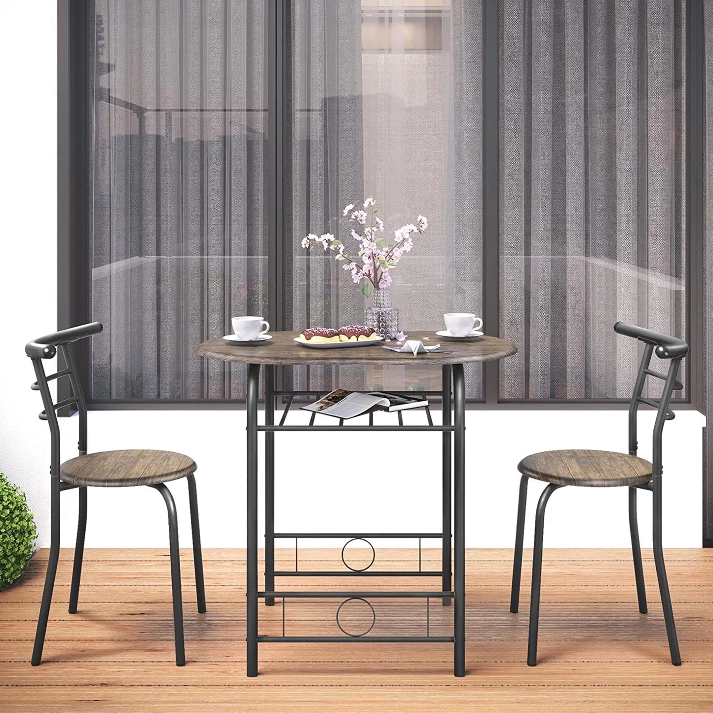 Yaheetech Dining Set von 3 - Features Tisch mit 2 Stühlen und verstellbare Lagerung Regal und wasserabweisende Beschichtung - für Küche und Esszimmer - Driftwood Brown Metall und MDF - 80 x 53 x 73,5 cm