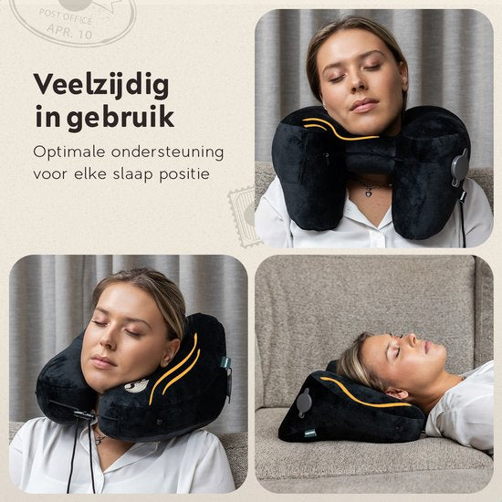 TRAVARA Aufblasbares Nackenkissen – The Airsnoozer – Reisekissen – Für Flugzeug und Auto – Mit Ohrstöpseln – Nackenkissen – Schwarz
