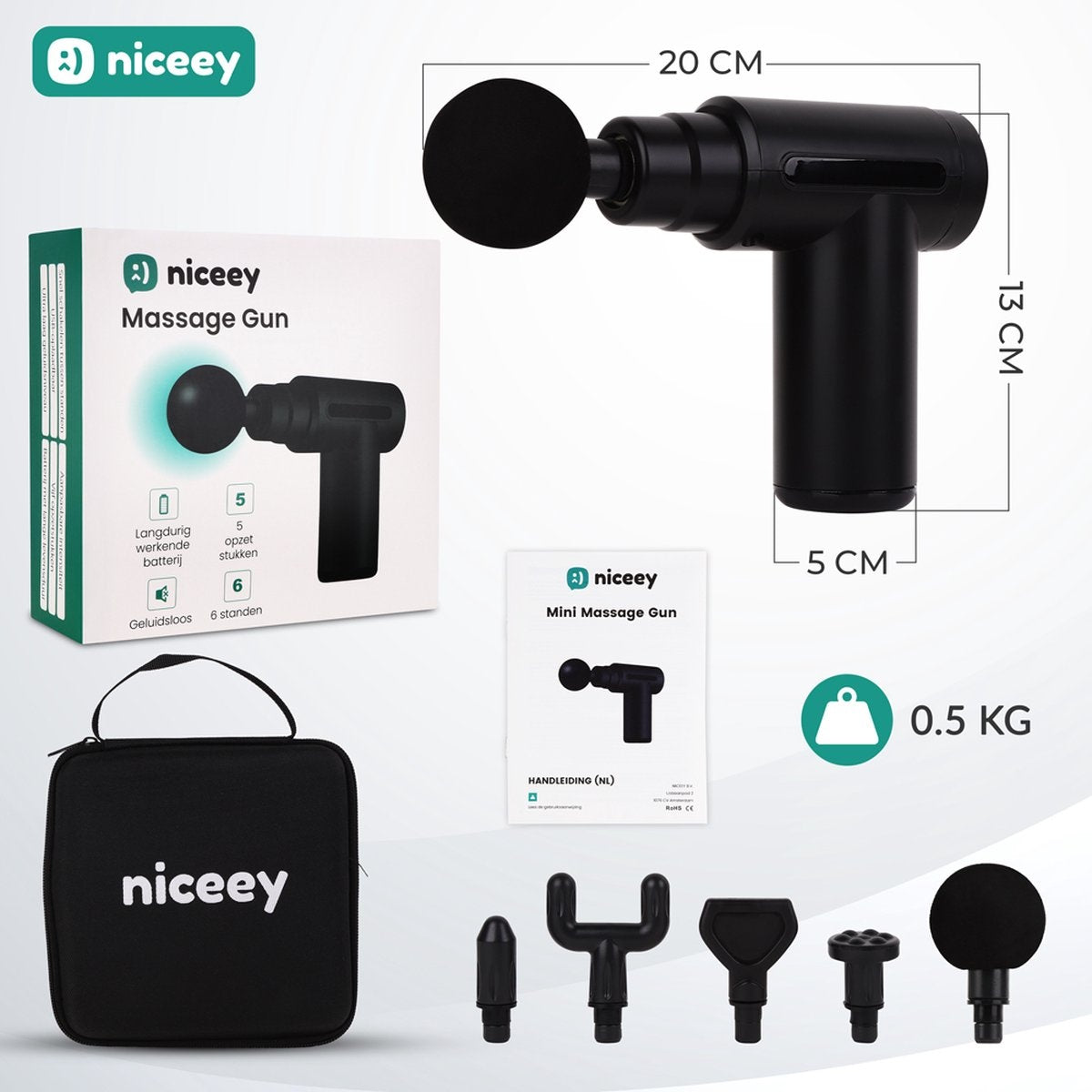 Niceey - Mini-Massagepistole - 6 Geschwindigkeiten - 5 Massageköpfe - Kabellos - Schwarz