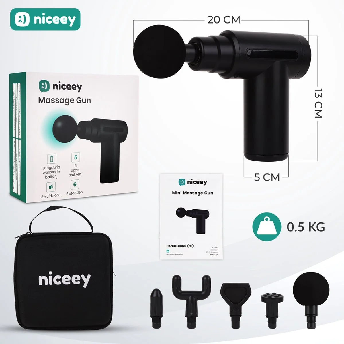 Niceey Massage Gun Mini - Leistungsstark - Kabellos - 5 Aufsätze - Sport- und Entspannungsmassagegerät - Mit Etui - Schwarz