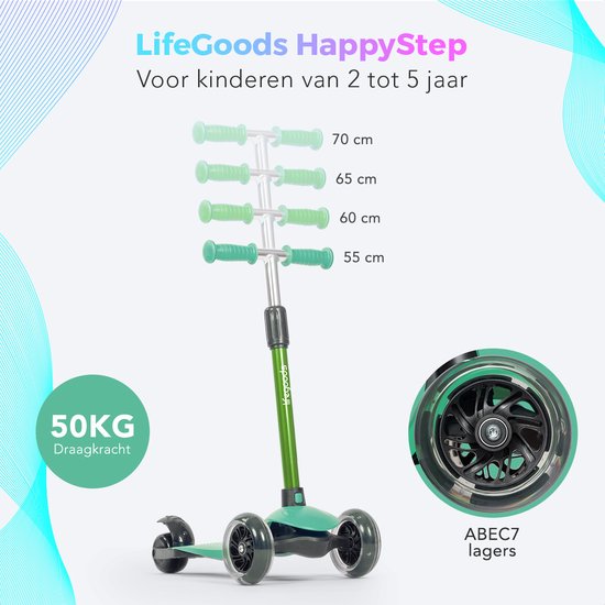 LifeGoods HappyStep - Kinderroller - Schritt 2-5 Jahre - 3 leuchtende LED-Räder - höhenverstellbar - Jungen/Mädchen - Mintgrün