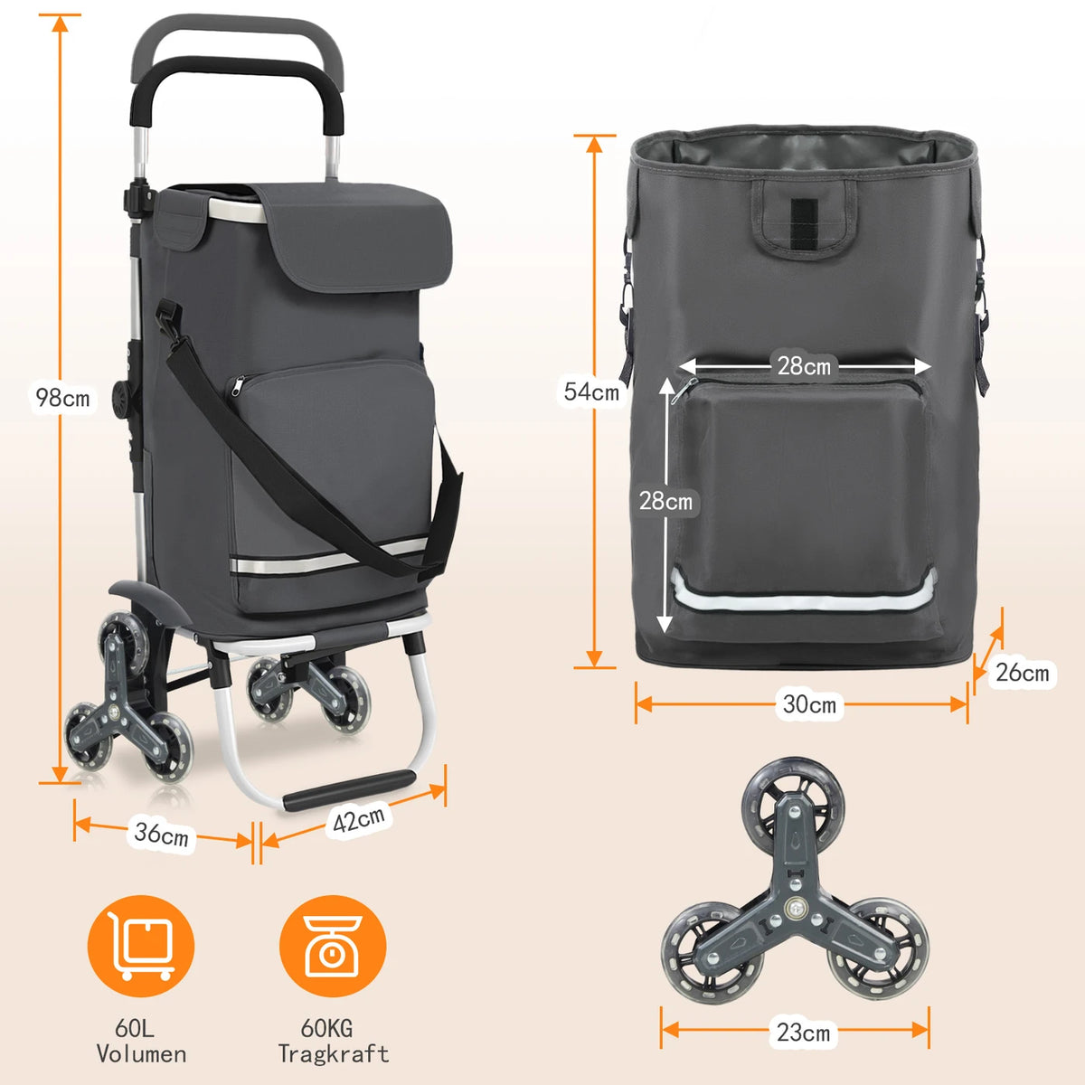 Sekey Einkaufswagen mit Treppenfahrfunktion, 60 l, grau, 36 x 42 x 98 cm