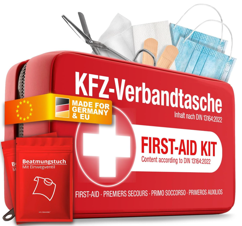 HELDENWERK - Erste-Hilfe-Kasten & Verbandskasten Auto - DIN 13164:2022 Standard - Rotes wasserabweisendes Nylon - Inklusive Atemtücher & Masken - Für Auto & Motorrad - Kompakt & Sicher