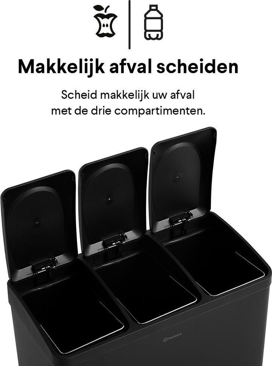 Homra MAXER Treteimer - Mülleimer 3 Fächer - Abfalleimer 60 Liter (3x 20L) - Trio-Eimer - Schwarz