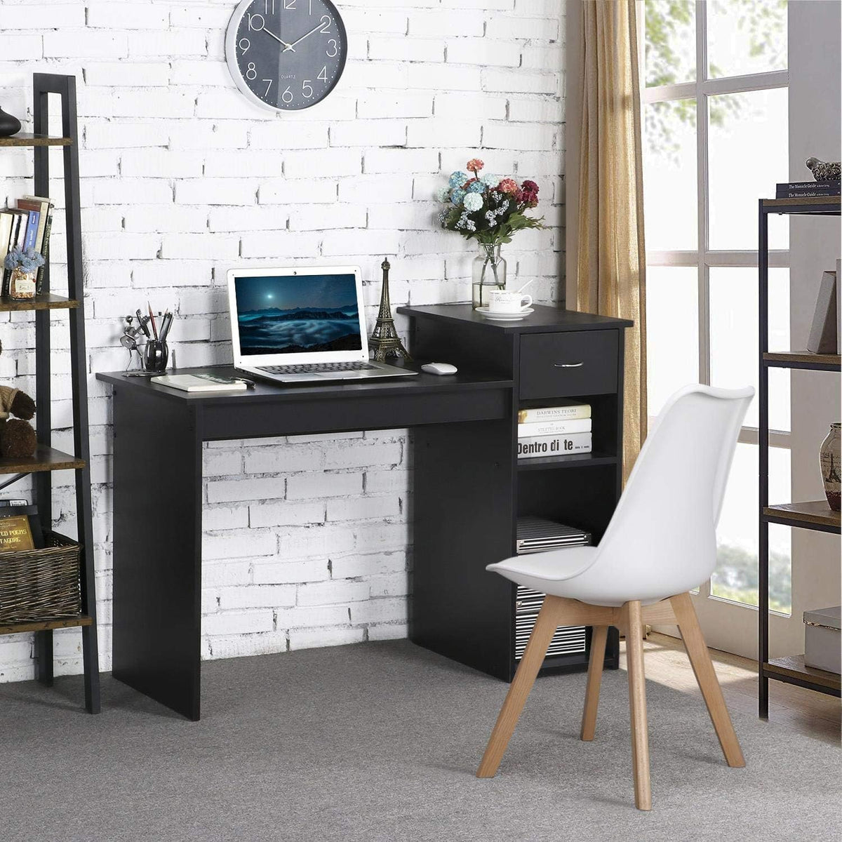 Yaheetech Computertisch – mit Schublade und 2 Ablageböden – 112 x 50 x 82 cm – Schwarz