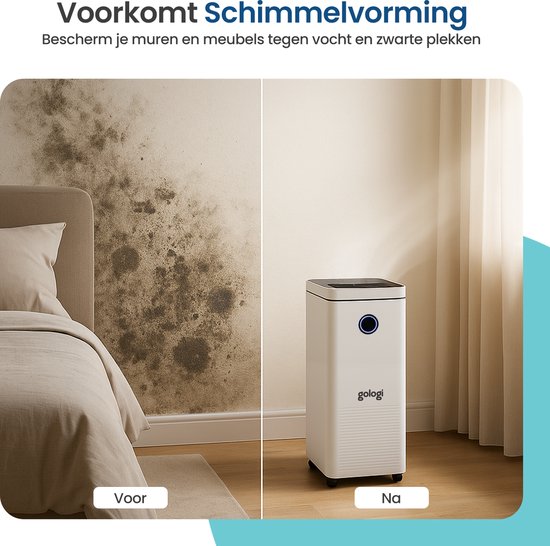 Gologi Luftentfeuchter mit App - Entfeuchtet bis zu 12L pro Tag - Wasch-Trocken-Funktion - Für Zuhause - Geeignet für Keller, Schlafzimmer, Badezimmer und Wohnzimmer - Luftentfeuchter - Feuchtigkeitsfresser gegen Schimmel - Weiß