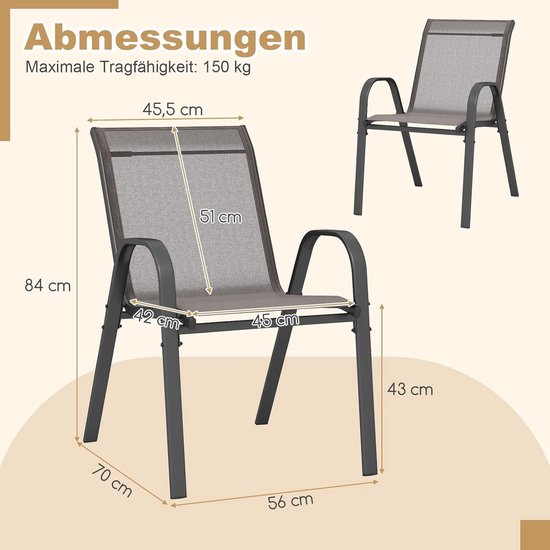 COSTWAY 4er-Set stapelbarer Gartenstühle, Stapelstühle mit Textil- und Metallgestell, Terrassenstühle mit Armlehnen, Balkonstühle, belastbar bis 150 kg, 56 x 70 x 84 cm, grau