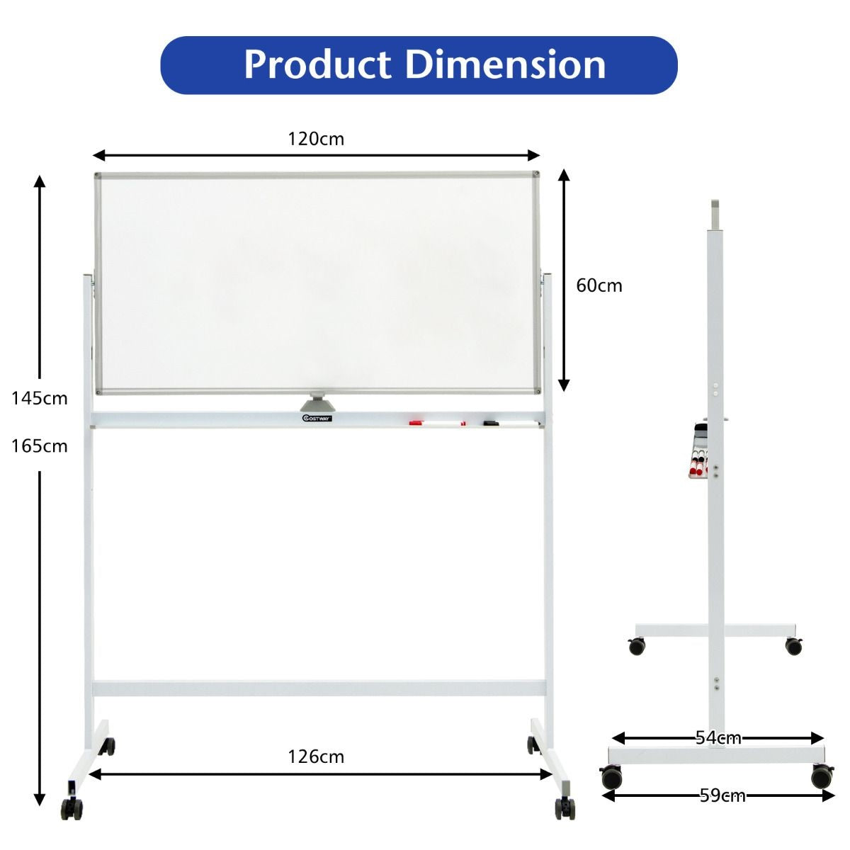 Coast Doppelseitiges magnetisches mobiles Whiteboard verstellbare, trocken abwischbare Tafel auf Rädern weiß