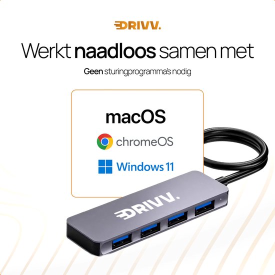 Drivv. USB-Splitter 4 Ports - USB 3.0A - USB-Hub 3.0 - Aluminiumgehäuse - Grau