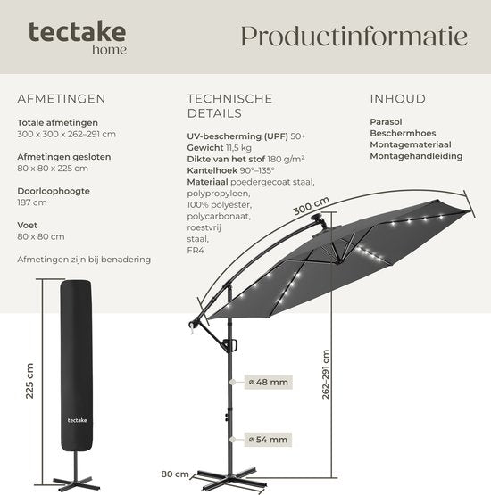 tectake® Schwebeschirm mit Fuß – 3 x 3 m – Gartenschirm mit solarbetriebener LED-Beleuchtung – drehbar – wasserabweisendes Polyester mit UV-Schutz – inklusive Schutzhülle – grau