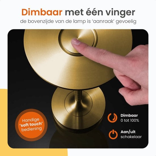 Goliving Tischlampe Wiederaufladbar - Kabellos und dimmbar - Moderne Touch-Lampe - Nachtlampe für das Schlafzimmer - Spritzwassergeschützt - 27 cm - Gold