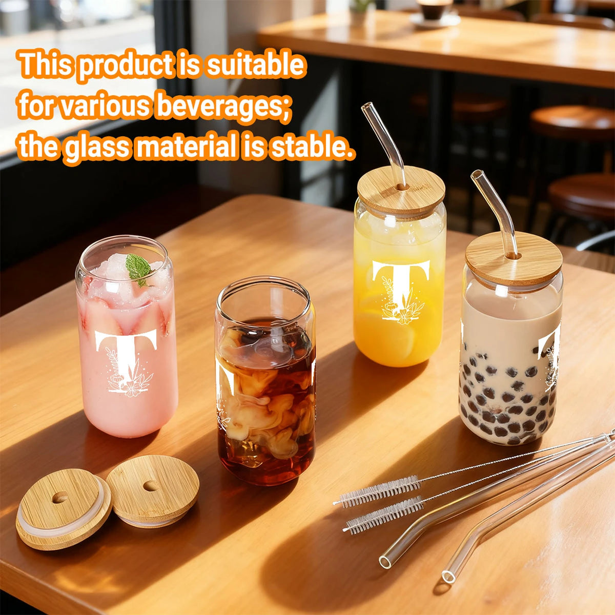 Alphynix Eiskaffee-Glas mit Monogramm T – inklusive Bambusdeckel und Strohhalm