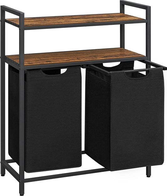 O'DADDY Wäschekorb 2 Fächer - Wäschesortierer - ausziehbar mit 2 Einlegeböden - 73 x 33 x 91 cm - Wäschekorb mit herausnehmbaren Fächern und Klettverschluss - 76L aufgeteilt auf 2 Fächer - Wäschekörbe - Wäschekorb schwarz Metall - Holz braun