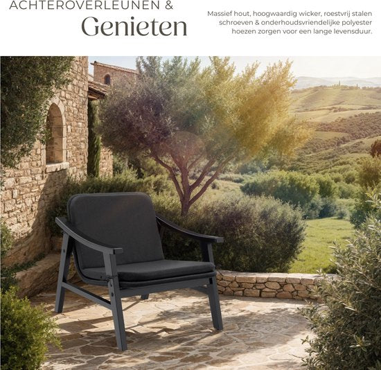 tectake - Garden Chair - Holzstuhl für Balkon oder Garten - Korbgeflecht-Sitzfläche - Outdoor-Sessel - Belastbarkeit bis 150kg - Stuhl für den Innen- und Außenbereich - inkl. Kissen - schwarz