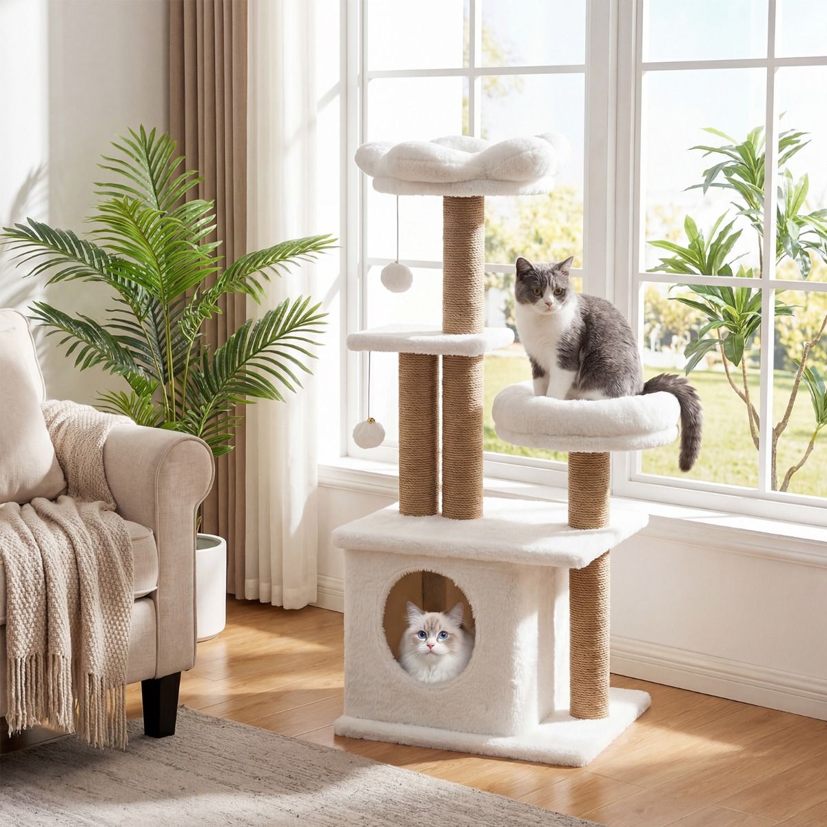 Coast Kratzbaum – blumenförmige Aussichtsplattform – Katzenhäuschen und Schlafplatz – beige, 96 cm