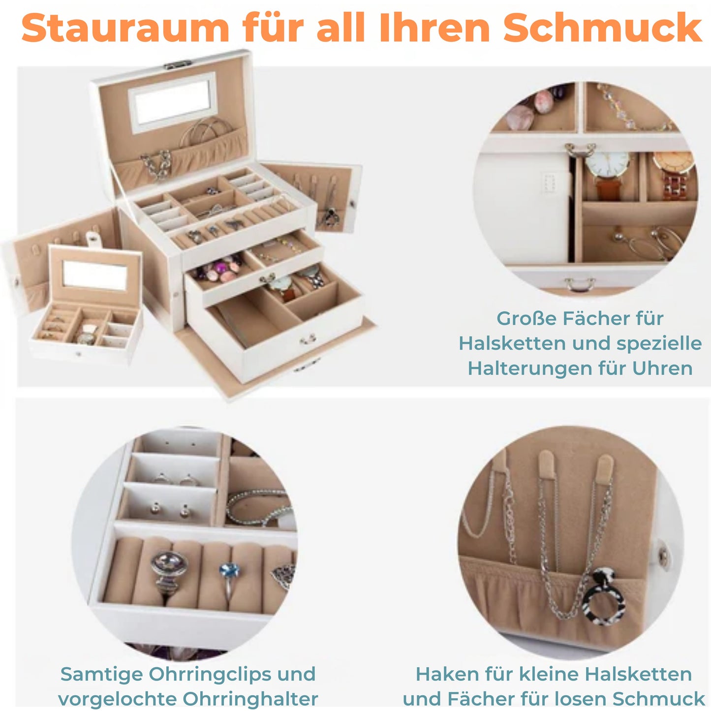 LifeGoods Schmuckkästchen XL - Schmuckkästchen - 20 Fächer - Weiß/Beige