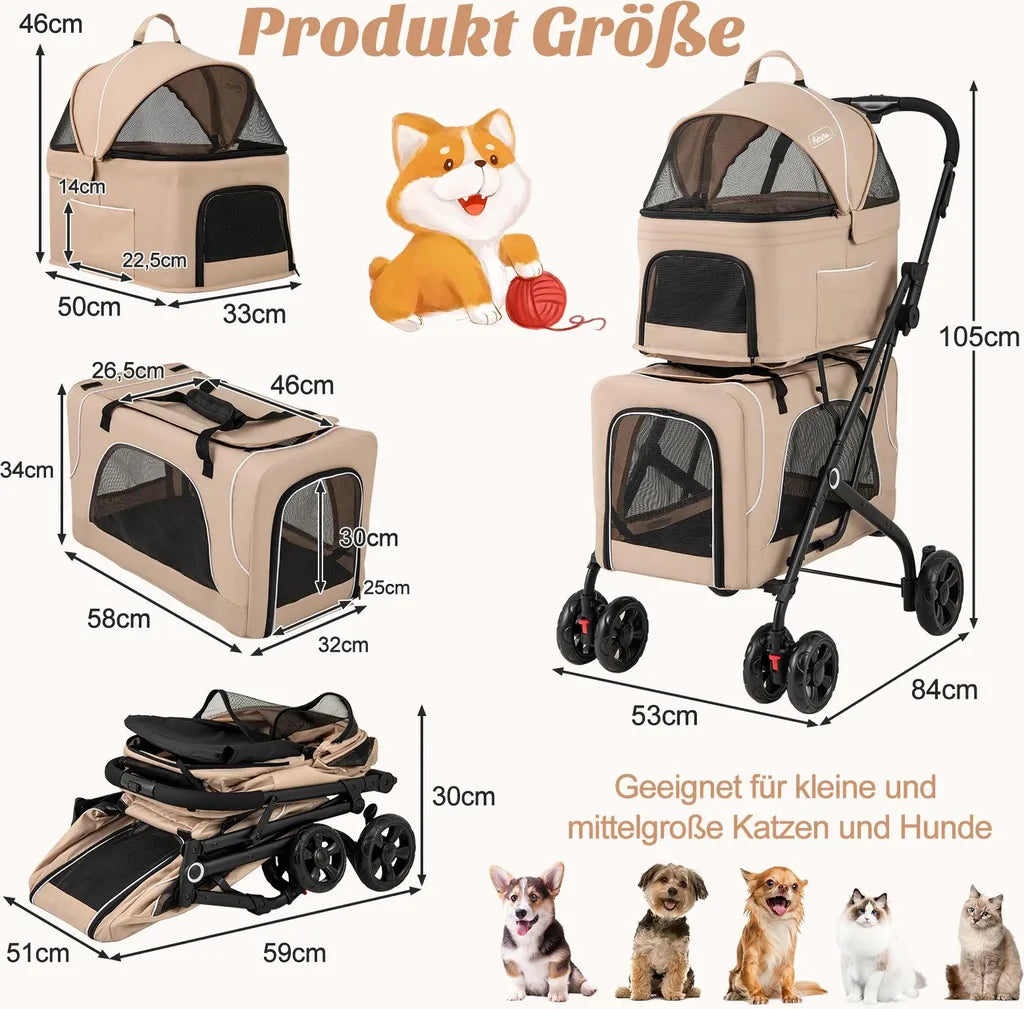 Coast 3-in-1-Hundebuggy – Beige – Zusammenklappbar – 53 x 84 x 105 cm