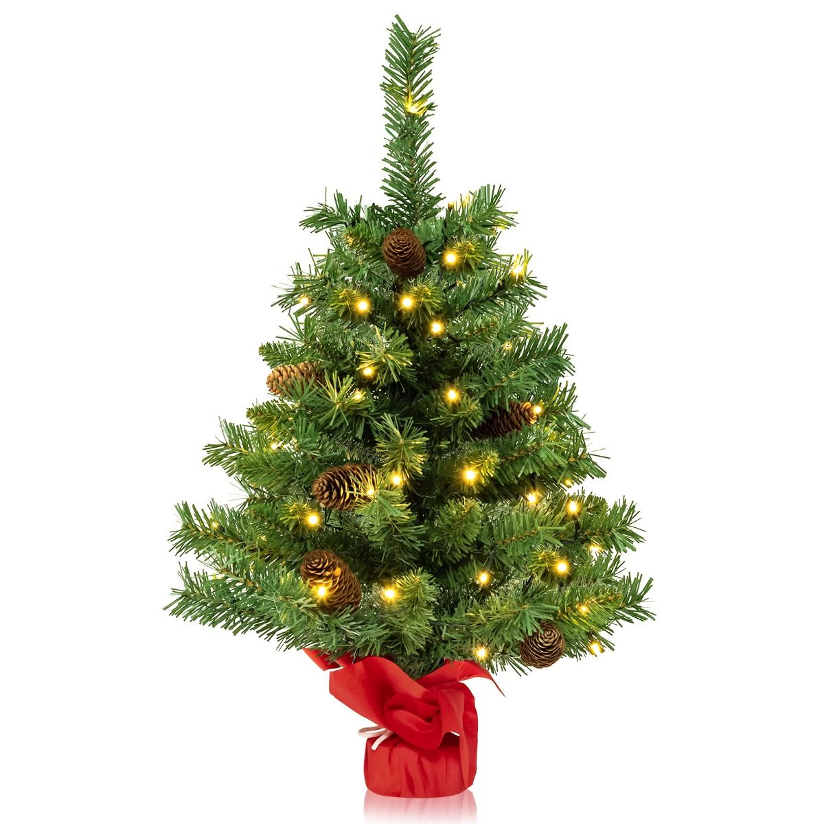 Coast Künstlicher Weihnachtsbaum mit Led-Lichtern und Tannenzapfen - Tischweihnachtsbaum mit Zementsockel - Grün - 64 cm