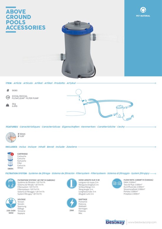 Bestway Kartuschenfilterpumpe – 2.006 l/h