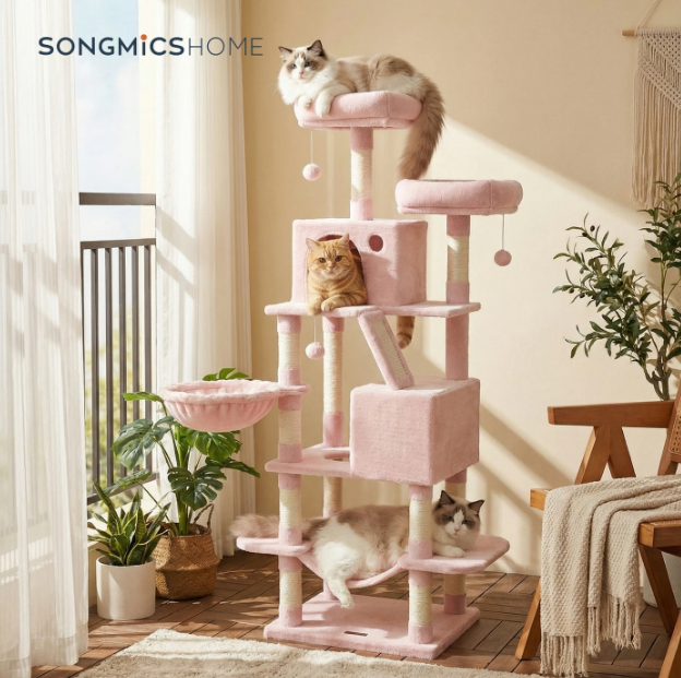 Joyfurnos L Kratzbaum 168 cm – Pastellrosa – Mehrstufig mit 13 Kratzstangen und Hängematte