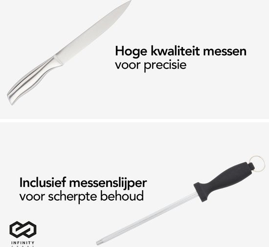 Infinity Goods - Messerset mit Messerblock - 16 Teile - mit Block, Messerschärfer und Schere - kratzfest - Edelstahl - Silber/Schwarz