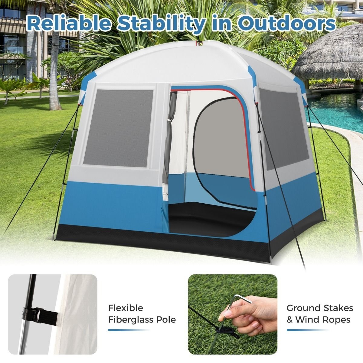Coast Campingzelt für 5 Personen - Große Netztür und Bodenplane - Wasserdicht - 248 x 248 x 230 cm - Blau/Weiß