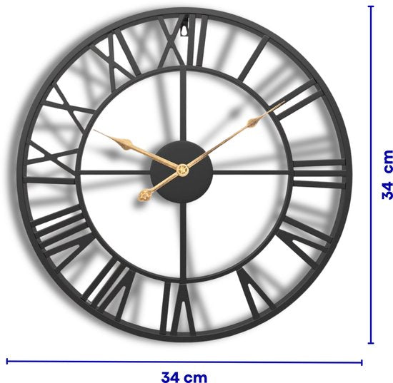 Tyme Wanduhr im Industrial-Stil – 34 cm – römische Ziffern – gut ablesbar – analog – Uhrwerk – moderne Wanduhr – Quarz – schwarz