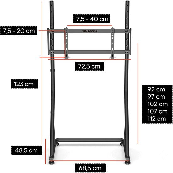 VDD Gaming – Monitorständer – Monitorständer für Sim-Racing – Universal – 32" bis 55" – Freistehend – Verstellbar – Arretierbar – 72 x 48 x 123 cm – 50 kg – Schwarz